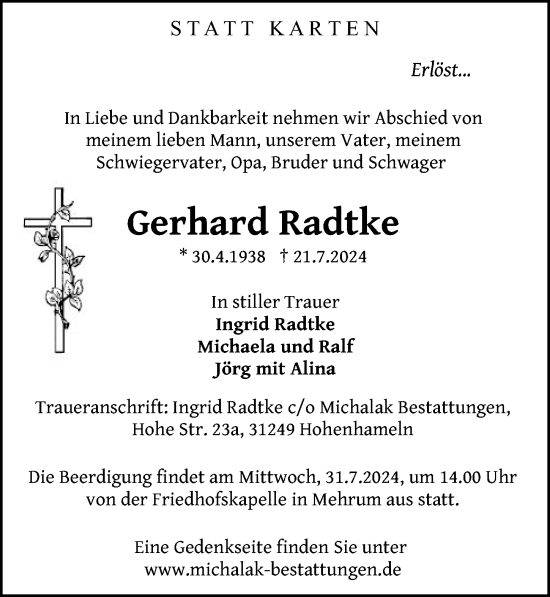 Traueranzeige von Gerhard Radtke von Peiner Allgemeine Zeitung