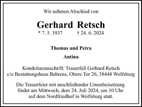 Traueranzeige von Gerhard Retsch von Aller Zeitung