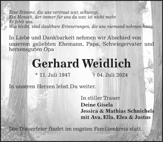 Traueranzeige von Gerhard Weidlich von Peiner Allgemeine Zeitung