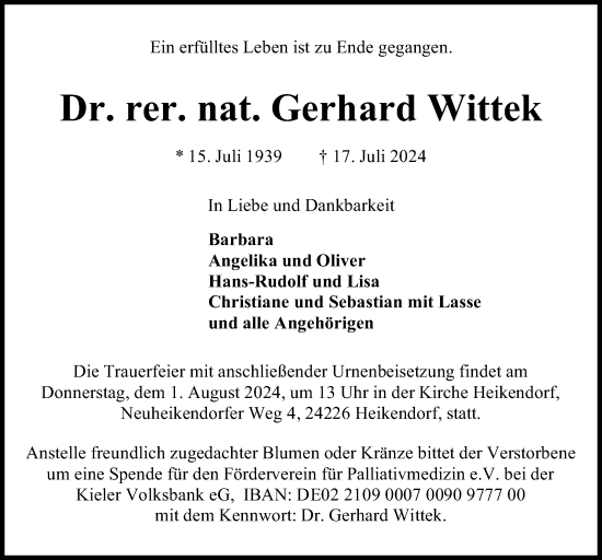 Traueranzeige von Gerhard Wittek von Kieler Nachrichten