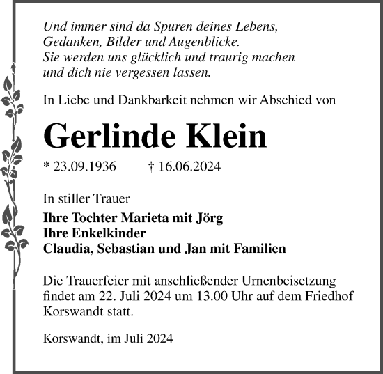 Traueranzeige von Gerlinde Klein von Ostsee-Zeitung GmbH