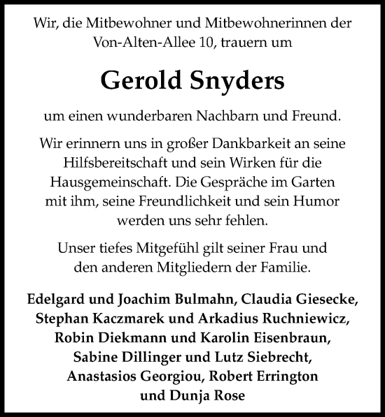 Traueranzeige von Gerold Snyders von Hannoversche Allgemeine Zeitung/Neue Presse