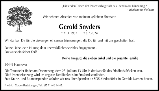 Traueranzeige von Gerold Snyders von Hannoversche Allgemeine Zeitung/Neue Presse