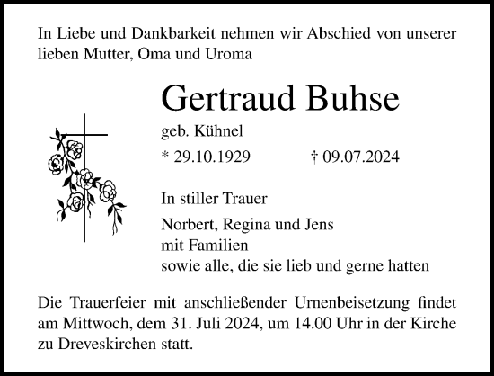 Traueranzeige von Gertraud Buhse von Ostsee-Zeitung GmbH