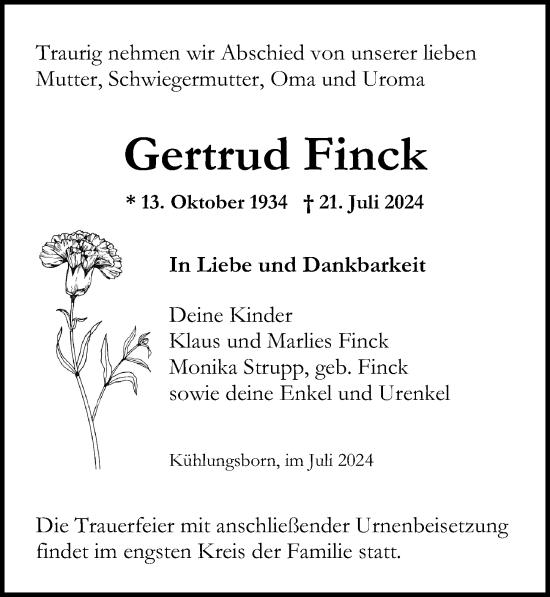 Traueranzeige von Gertrud Finck von Ostsee-Zeitung GmbH