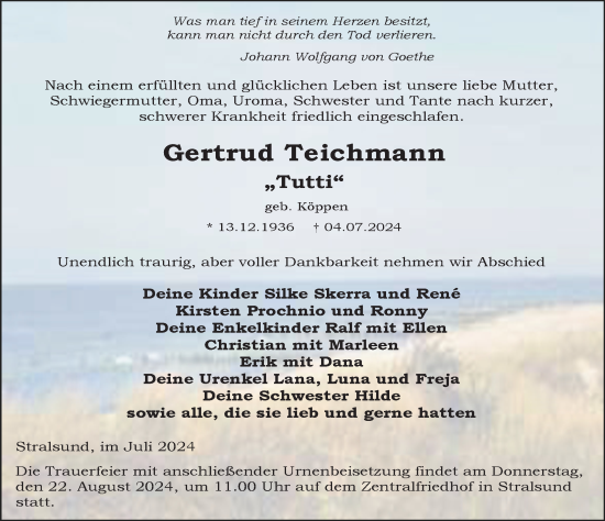 Traueranzeige von Gertrud Teichmann von Ostsee-Zeitung GmbH