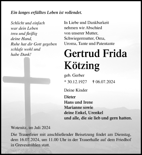Traueranzeige von Gertrud Frida Kötzing von Ostsee-Zeitung GmbH