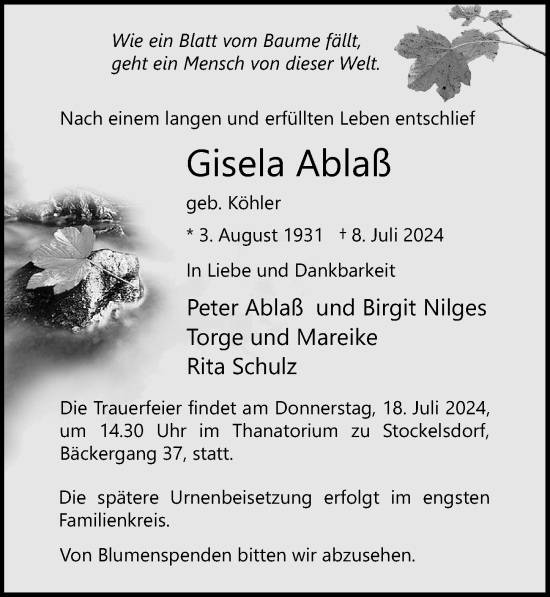 Traueranzeige von Gisela Ablaß von Lübecker Nachrichten