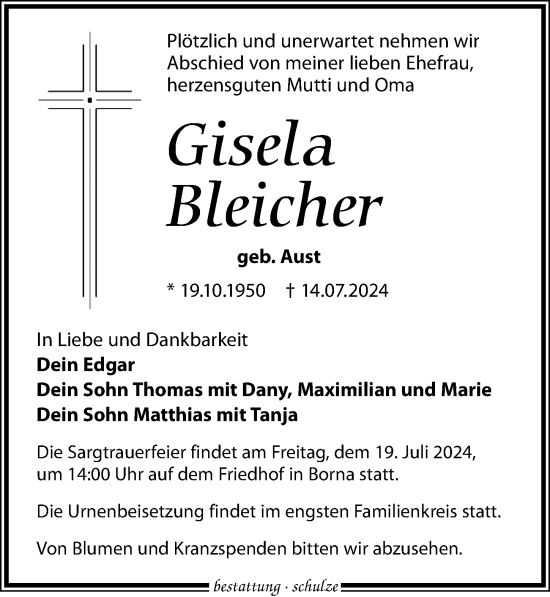 Traueranzeige von Gisela Bleicher von Leipziger Volkszeitung