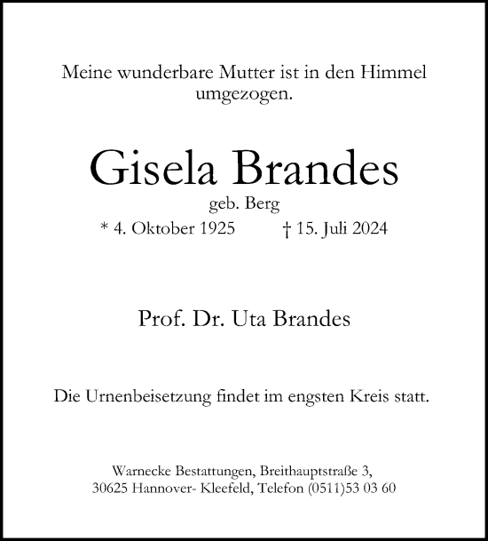 Traueranzeige von Gisela Brandes von Hannoversche Allgemeine Zeitung/Neue Presse