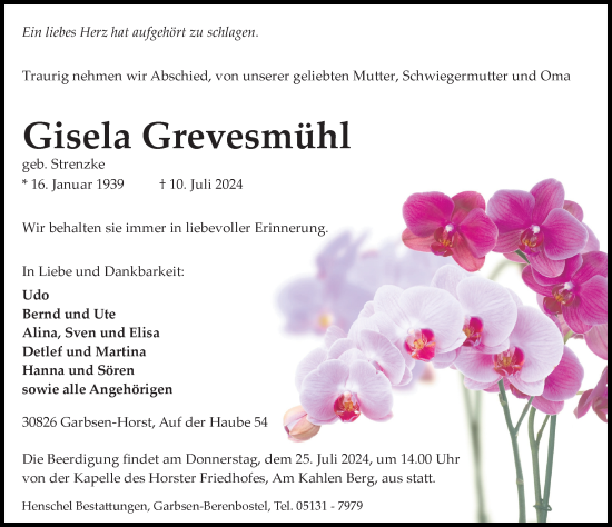 Traueranzeige von Gisela Grevesmühl von Hannoversche Allgemeine Zeitung/Neue Presse