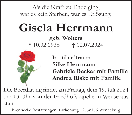 Traueranzeige von Gisela Herrmann von Peiner Allgemeine Zeitung