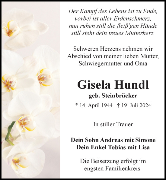 Traueranzeige von Gisela Hundl von Ostsee-Zeitung GmbH