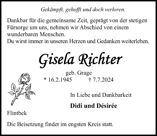 Traueranzeige von Gisela Richter von Kieler Nachrichten
