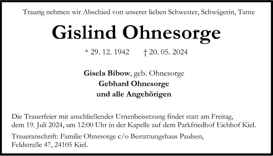 Traueranzeige von Gislind Ohnesorge von Kieler Nachrichten