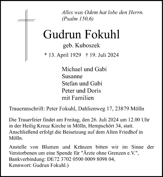 Traueranzeige von Gudrun Fokuhl von Lübecker Nachrichten
