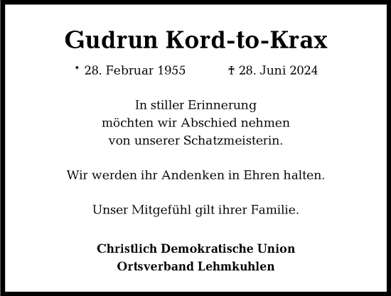 Traueranzeige von Gudrun Kord-to-Krax von Kieler Nachrichten