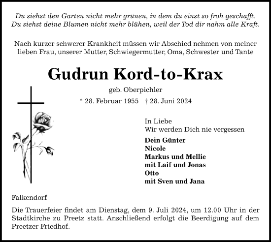 Traueranzeige von Gudrun Kord-to-Krax von Kieler Nachrichten