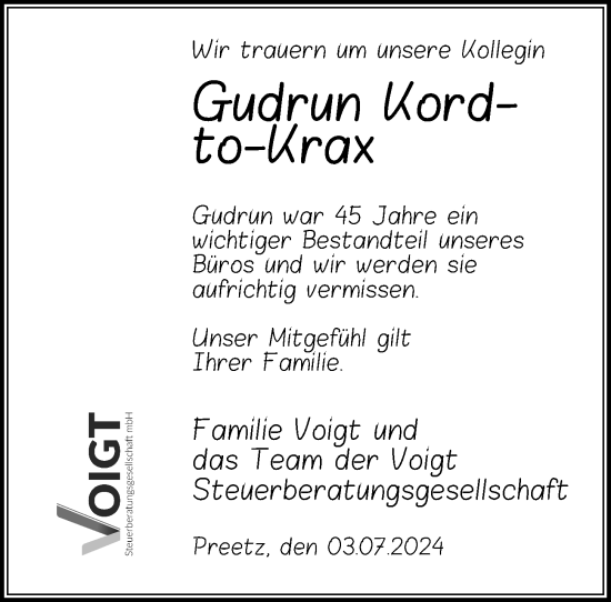 Traueranzeige von Gudrun Kord-to-Krax von Kieler Nachrichten