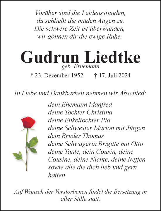 Traueranzeige von Gudrun Liedtke von Ostsee-Zeitung GmbH