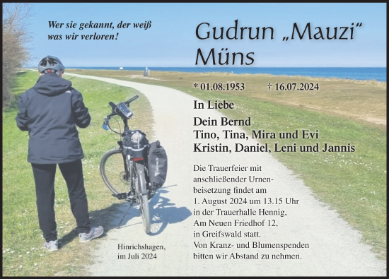 Traueranzeige von Gudrun Müns von Ostsee-Zeitung GmbH
