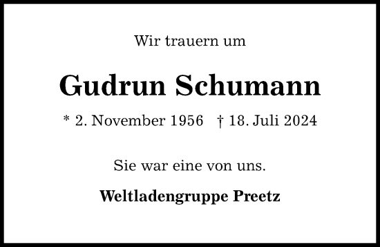 Traueranzeige von Gudrun Schumann von Kieler Nachrichten
