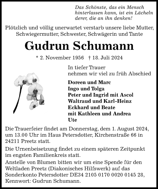 Traueranzeige von Gudrun Schumann von Ostsee-Zeitung GmbH