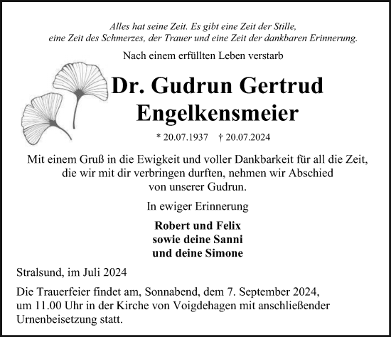 Traueranzeige von Gudrun Gertrud Engelkensmeier von Ostsee-Zeitung GmbH