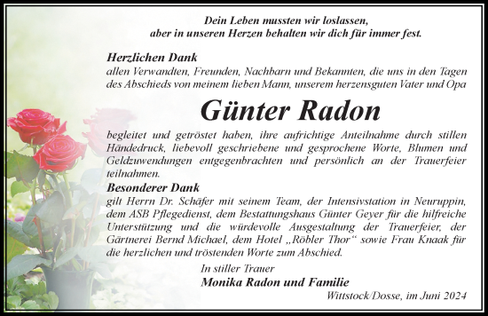 Traueranzeige von Günter Radon von Wochenspiegel