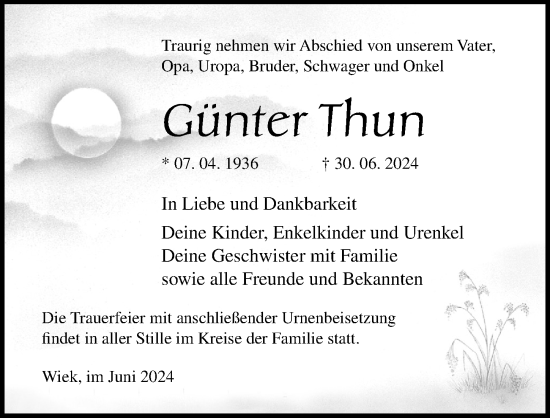 Traueranzeige von Günter Thun von Ostsee-Zeitung GmbH