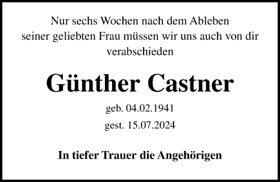 Traueranzeige von Günther Castner von Ostsee-Zeitung GmbH