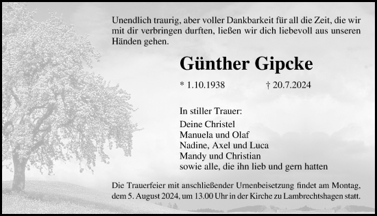 Traueranzeige von Günther Gipcke von Ostsee-Zeitung GmbH