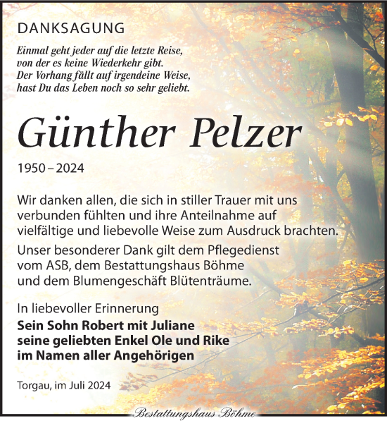 Traueranzeige von Günther Pelzer von Torgauer Zeitung