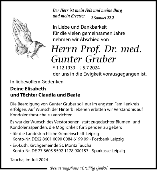 Traueranzeige von Gunter Gruber von Leipziger Volkszeitung