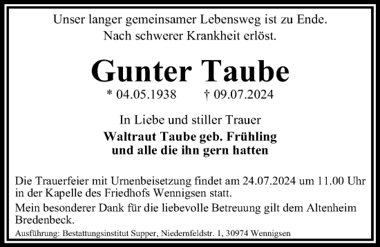 Traueranzeige von Gunter Taube von Hannoversche Allgemeine Zeitung/Neue Presse
