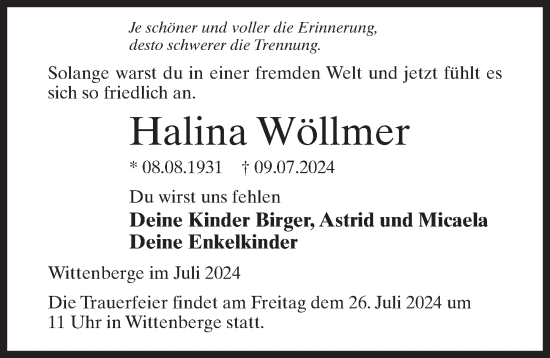 Traueranzeige von Halina Wöllmer von Wochenspiegel