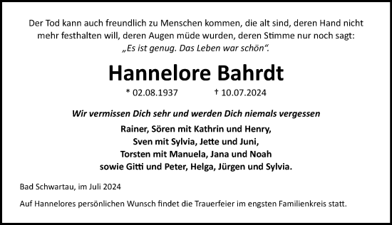 Traueranzeige von Hannelore Bahrdt von Lübecker Nachrichten