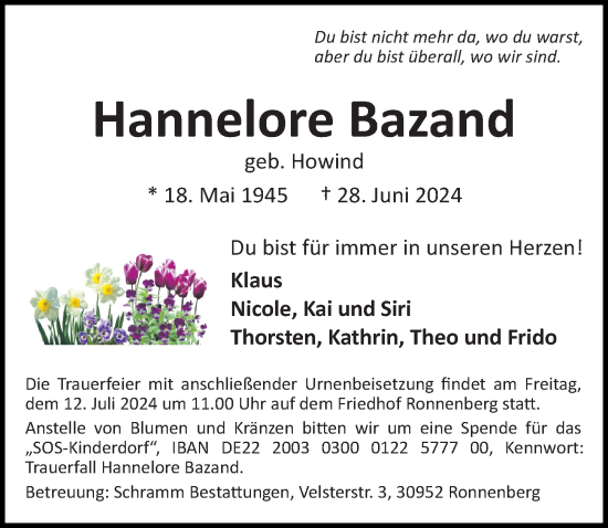 Traueranzeige von Hannelore Bazand von Hannoversche Allgemeine Zeitung/Neue Presse