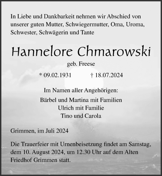 Traueranzeige von Hannelore Chmarowski von Ostsee-Zeitung GmbH