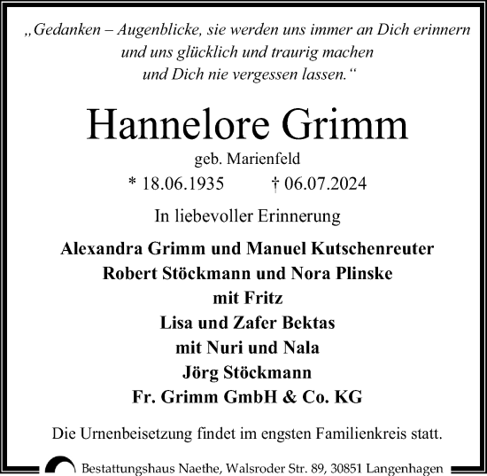 Traueranzeige von Hannelore Grimm von Hannoversche Allgemeine Zeitung/Neue Presse