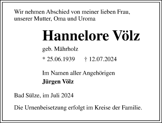 Traueranzeige von Hannelore Völz von Ostsee-Zeitung GmbH