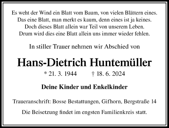 Traueranzeige von Hans-Dietrich Huntemüller von Aller Zeitung