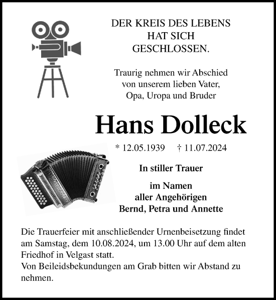 Traueranzeige von Hans Dolleck von Ostsee-Zeitung GmbH
