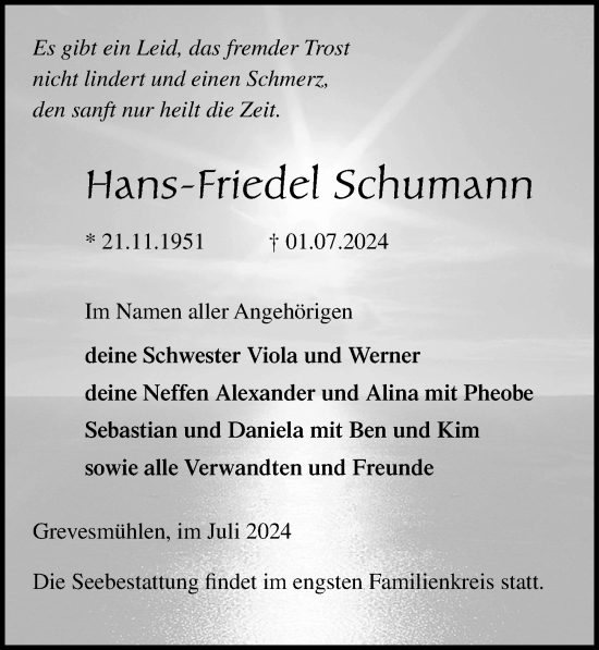 Traueranzeige von Hans-Friedel Schumann von Ostsee-Zeitung GmbH