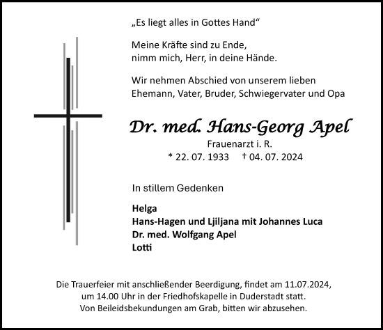 Traueranzeige von Hans-Georg Apel von Göttinger Tageblatt