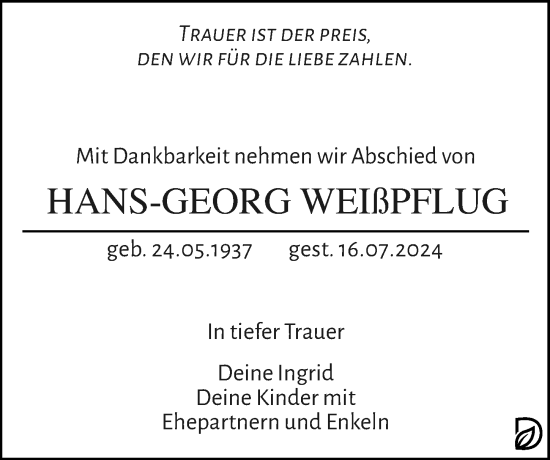 Traueranzeige von Hans-Georg Weißpflug von Leipziger Volkszeitung