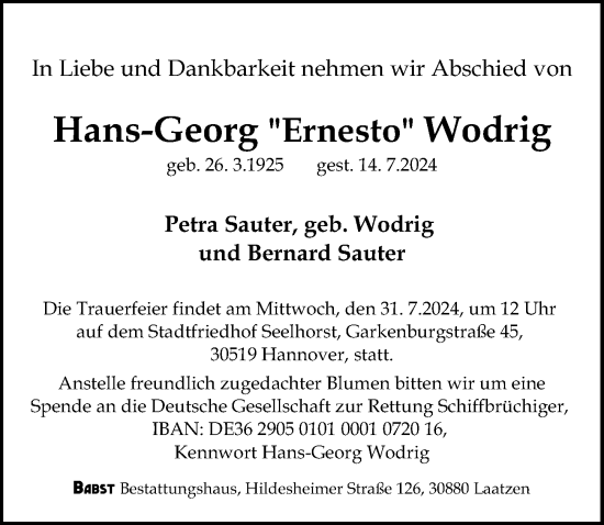 Traueranzeige von Hans-Georg Ernesto Wodrig von Hannoversche Allgemeine Zeitung/Neue Presse