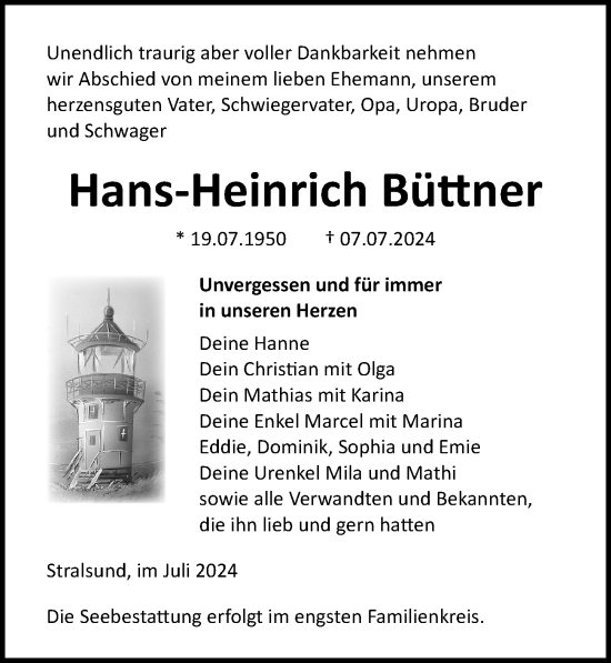 Traueranzeige von Hans-Heinrich Büttner von Ostsee-Zeitung GmbH