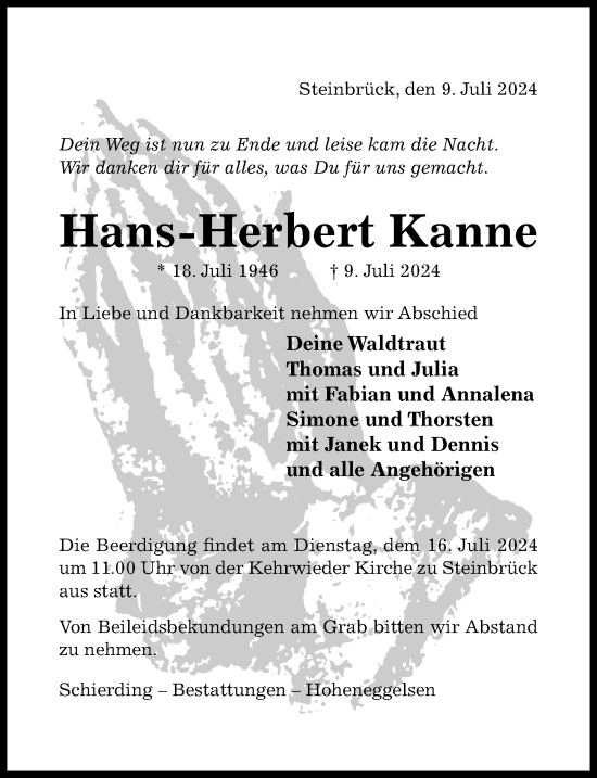 Traueranzeige von Hans-Herbert Kanne von Peiner Allgemeine Zeitung