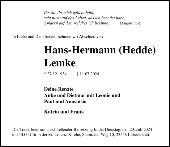 Traueranzeige von Hans-Hermann Lemke von Lübecker Nachrichten